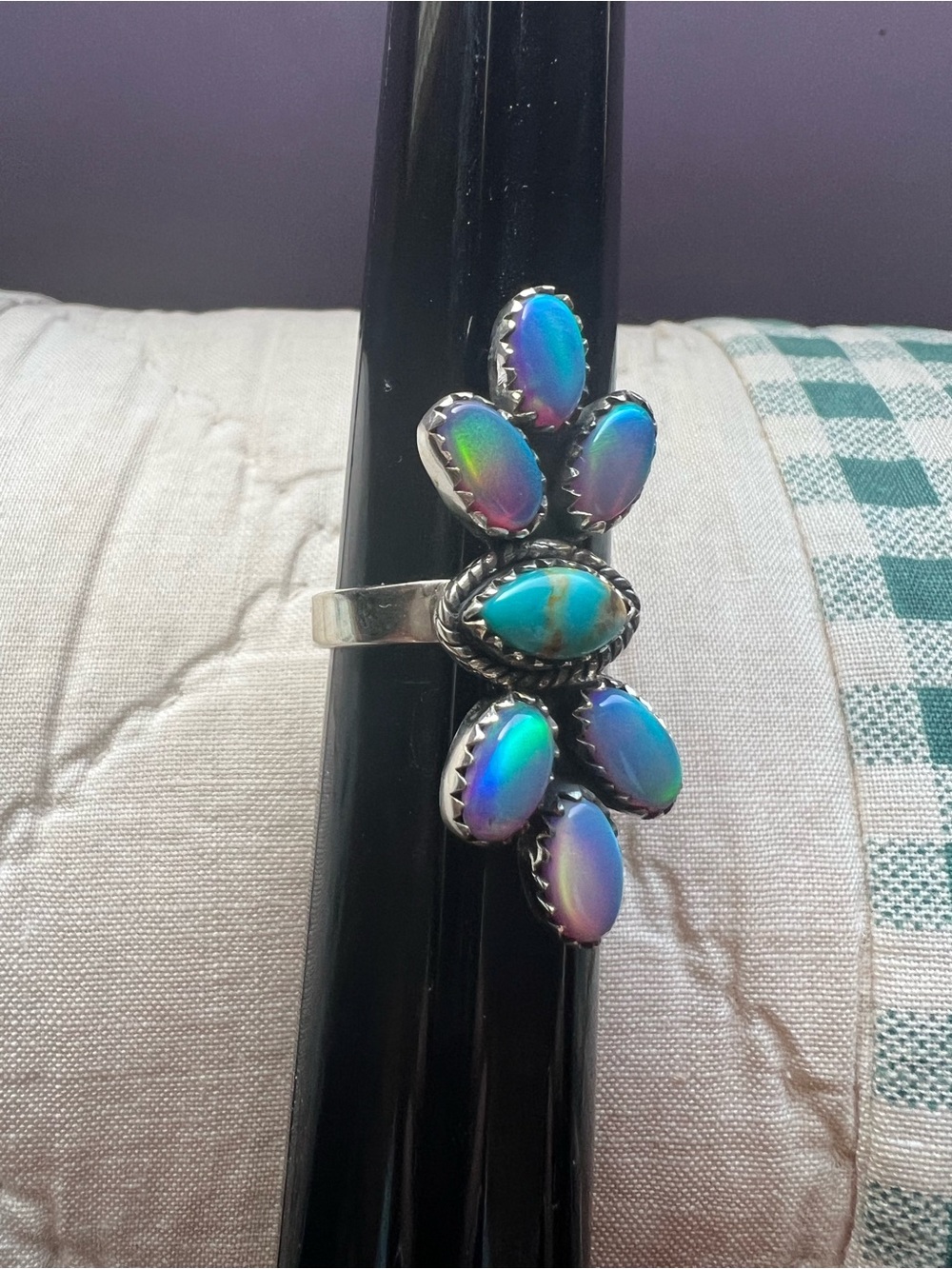Sterling southwestern Opal and turquoise ring - Picture 3 of 8